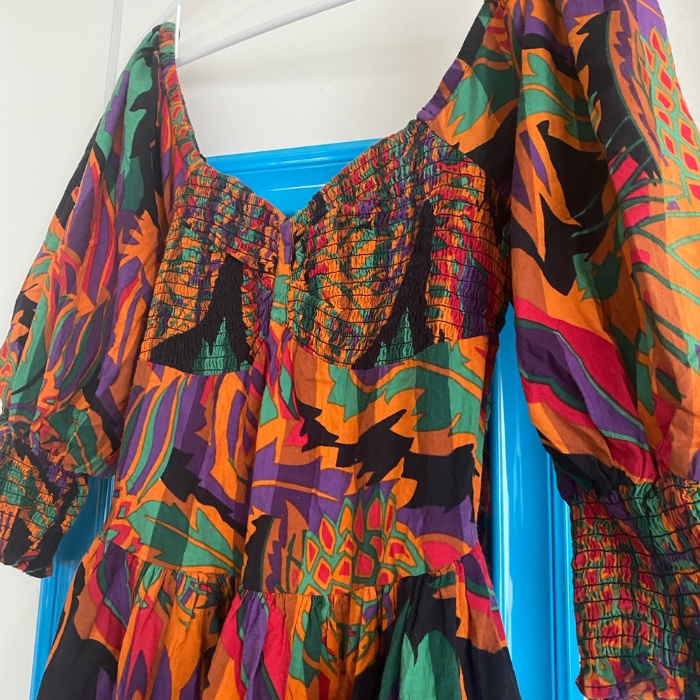 Colorful Tropical Print Puff Sleeve Dress